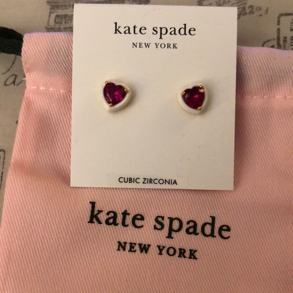 Kate Spade Sweetheart Heart Shaped Stud Earrings White Frame Red CZ Accent NWT - Picture 12 of 14